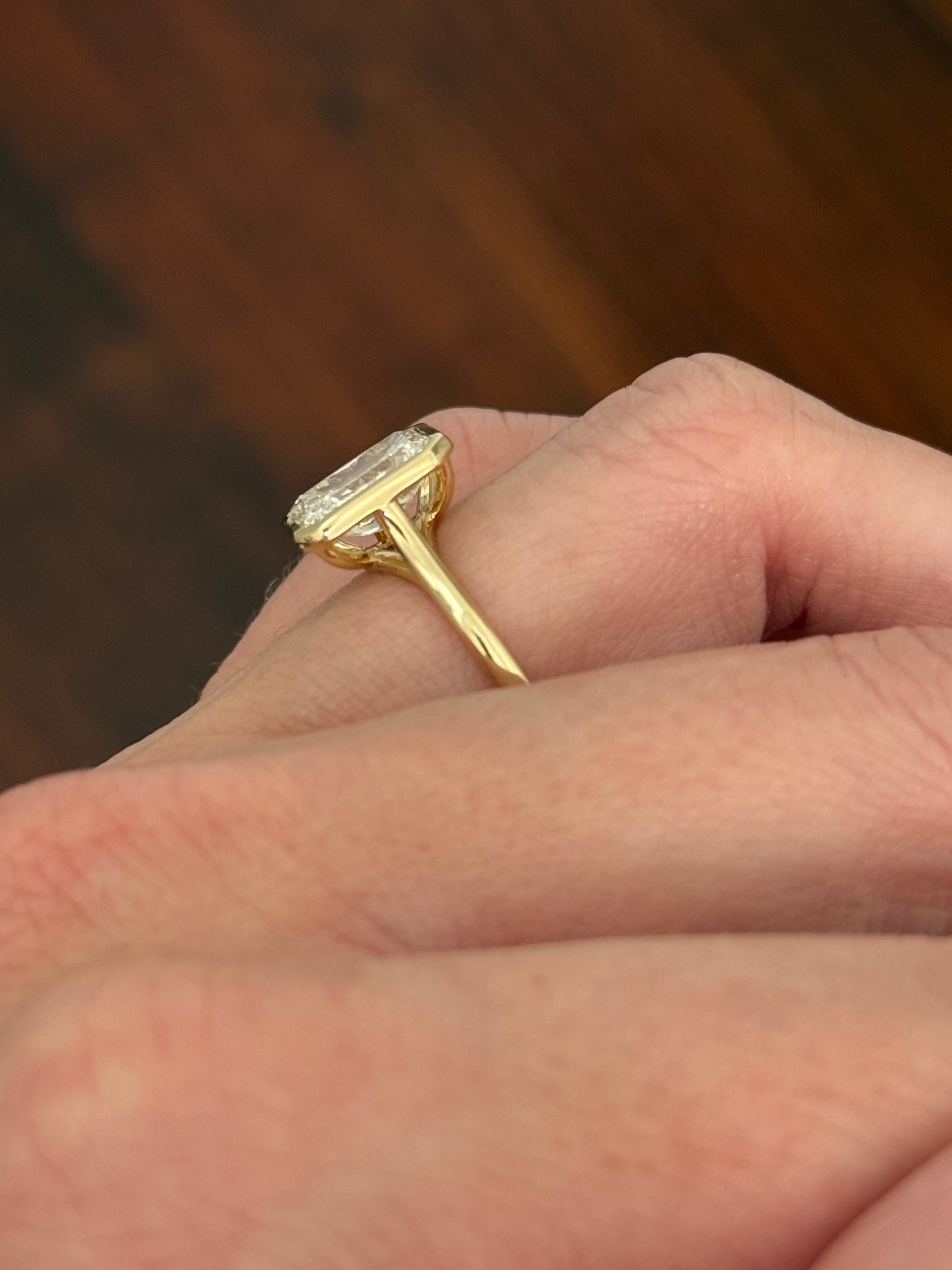 Yellow gold bezel set 2.99ct radiant lab diamond ring