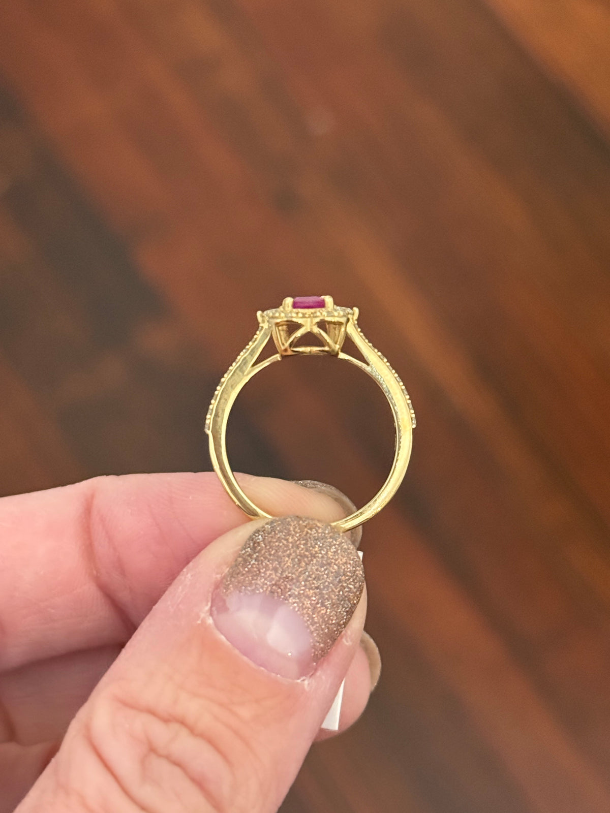 Yellow gold natural diamond and ruby ring