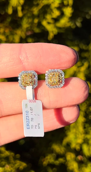 White gold cushion cut yellow diamond and white diamond stud earrings natural