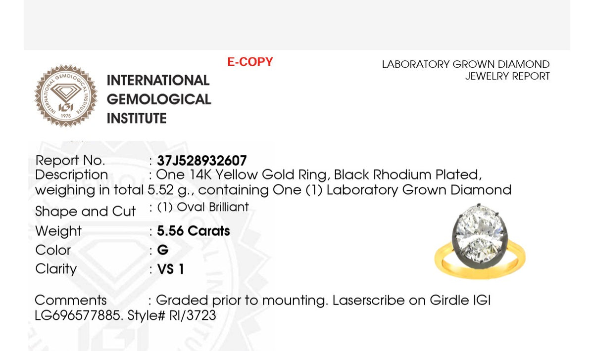 IGI certified 5.56ct oval lab diamond ring
