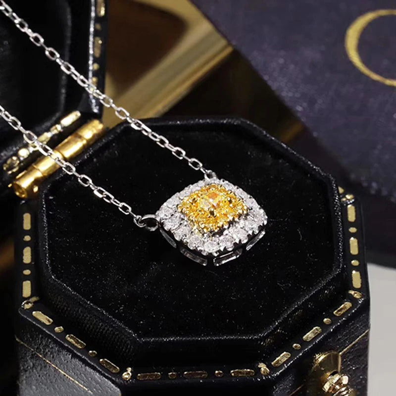 18K White Gold Real Natural Yellow Diamond Pendant Necklace for Women