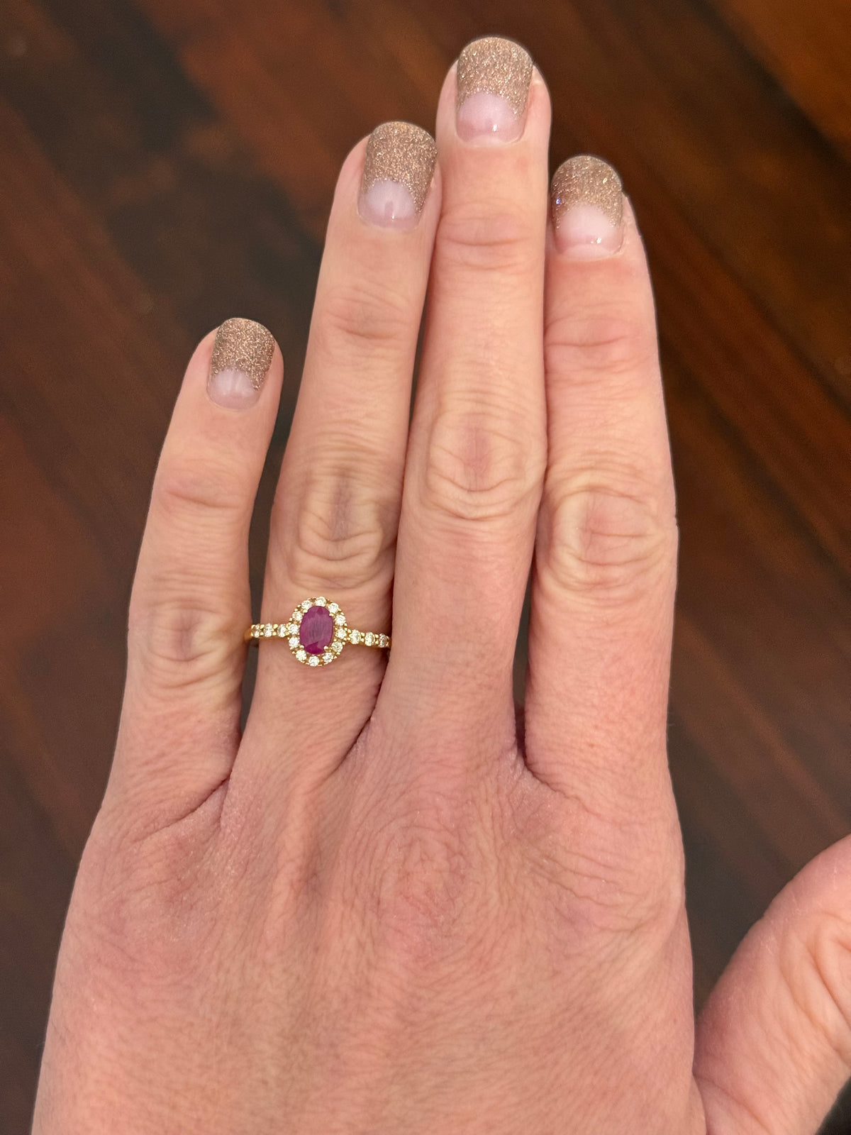 Yellow gold natural ruby and diamond ring