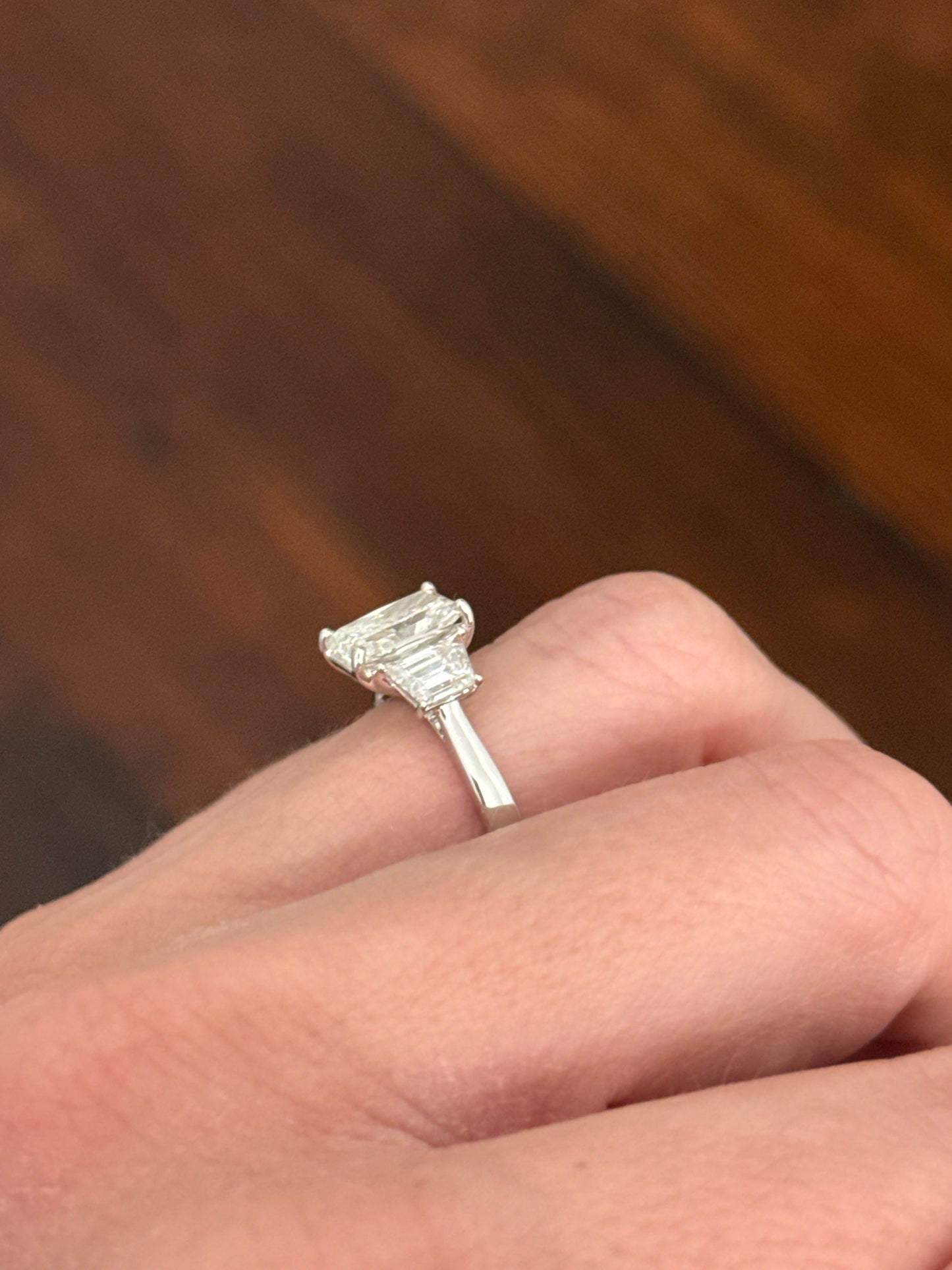 White gold radiant and trapezoid lab diamond ring