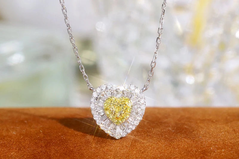 18K White Gold Real Natural Yellow Diamond Pendant Necklace for Women