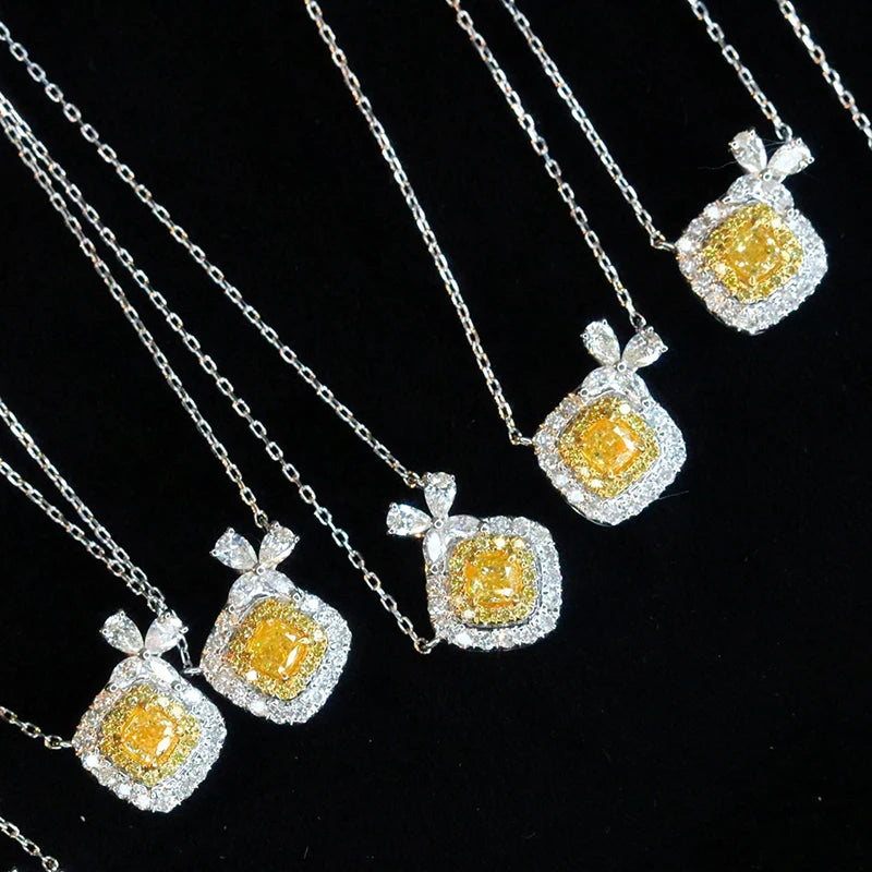 18K White Gold Real Natural Yellow Diamond Pendant Necklace for Women