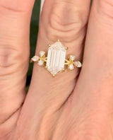 Yellow gold IGI certified 2.69ct step cut duchess cut lab diamond and marquise and round lab diamond ring. Duchess cut measures 12.69x6.28x4.05mm