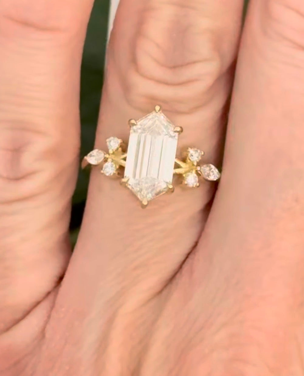 Yellow gold IGI certified 2.69ct step cut duchess cut lab diamond and marquise and round lab diamond ring. Duchess cut measures 12.69x6.28x4.05mm