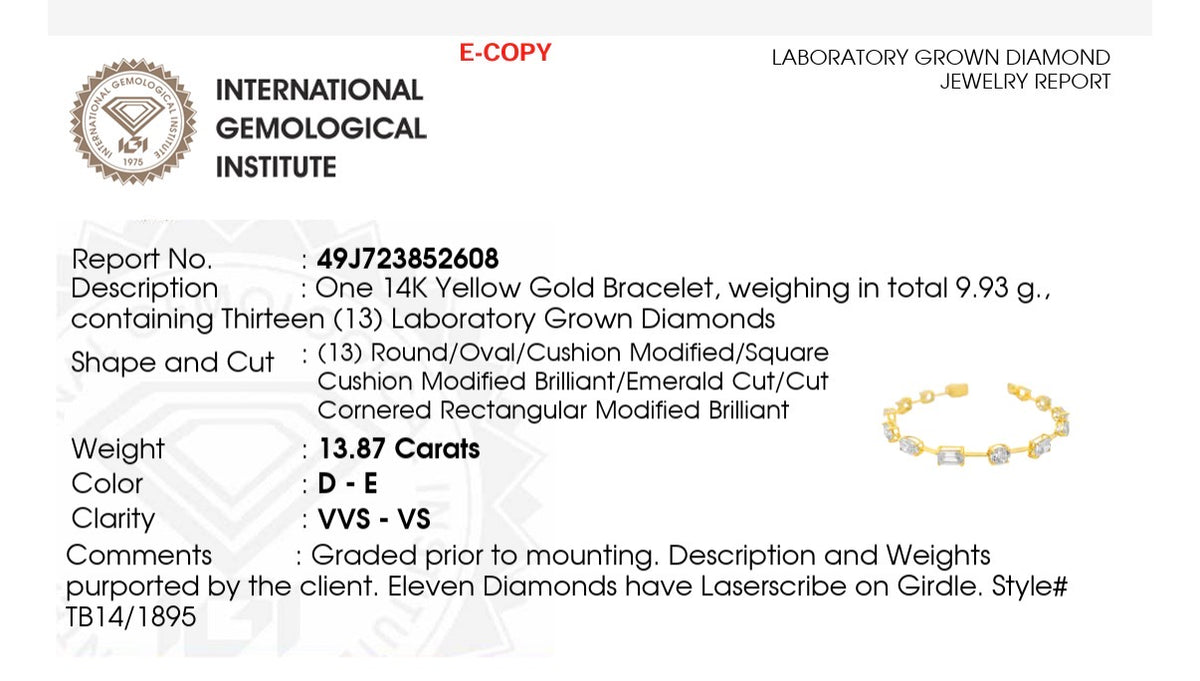 IGI certified Yellow gold mixed shape bracelet with 13.87cts of oval, round, radiant, heart shape, emerald and cushion cut lab diamonds