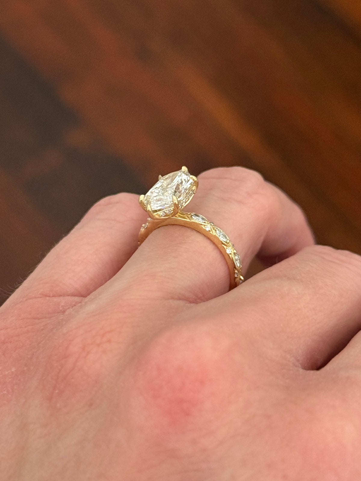 Yellow gold IGI certified 3.06ct duchess cut lab diamond and marquise and round lab diamond ring. Duchess cut measures 14.04x7.01x4.71mm