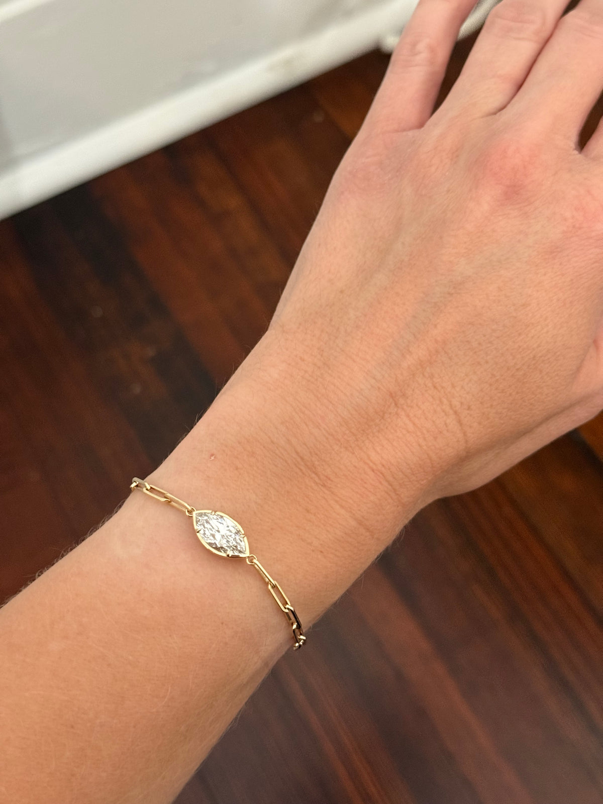 Yellow gold paperclip IGI certified 3.08ct marquise lab diamond bracelet. Marquise measures 14.9x7.54x4.80mm
