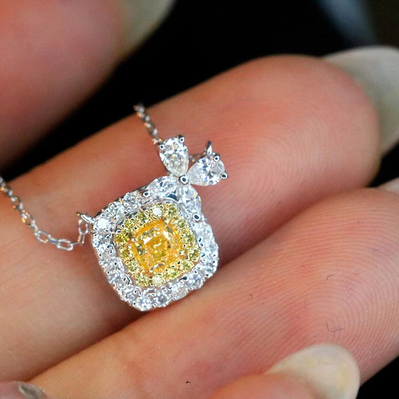 18K White Gold Real Natural Yellow Diamond Pendant Necklace for Women
