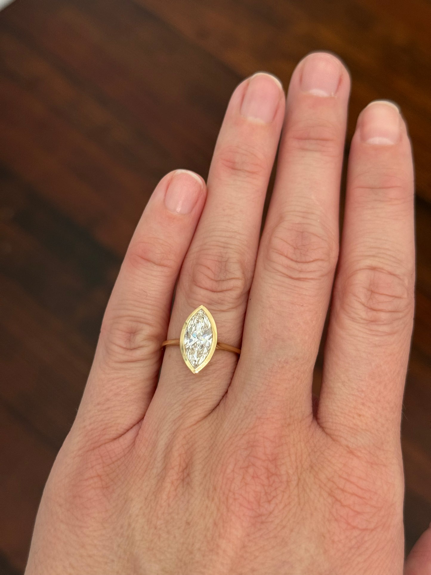 Yellow gold bezel set 1.99ct marquise lab diamond ring