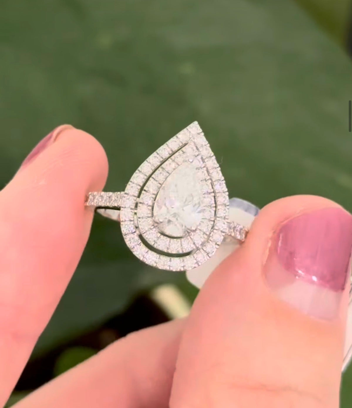 White gold pear shape and round lab diamond ring