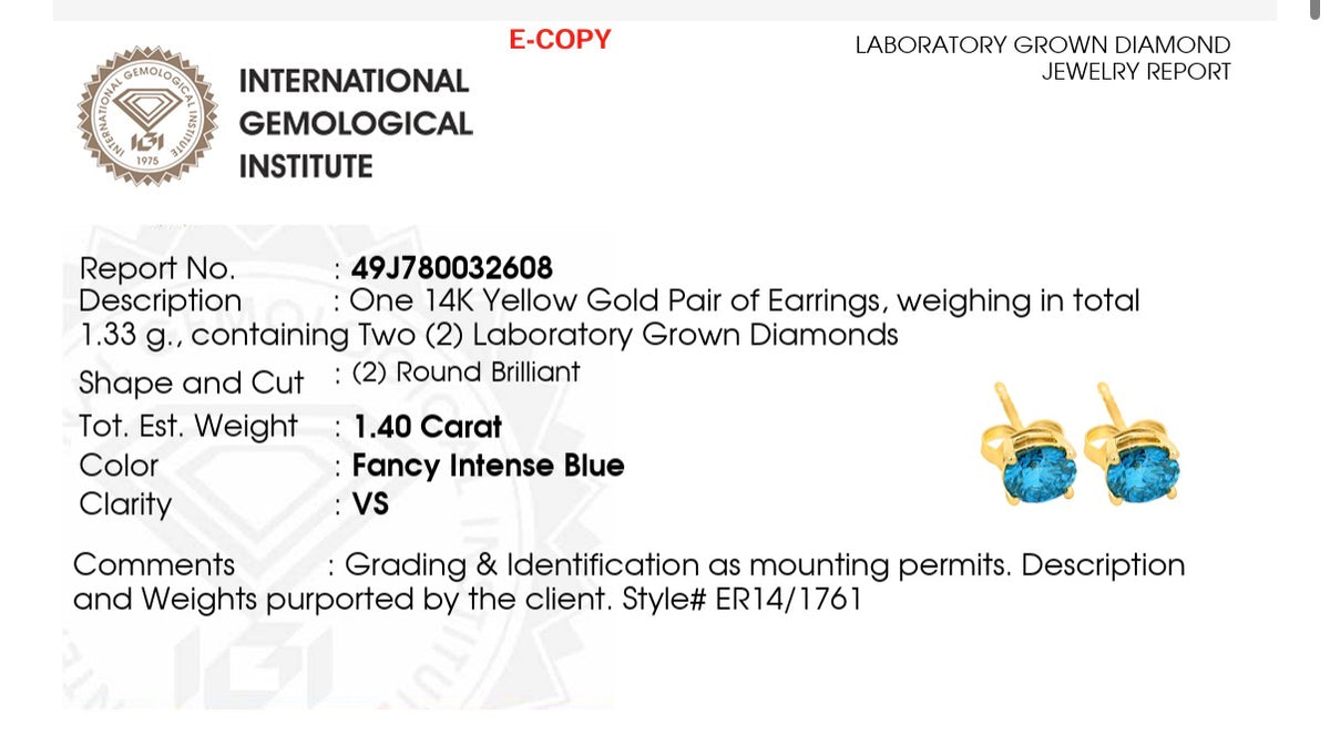 IGI certified blue lab diamond stud earrings