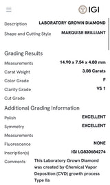 Yellow gold paperclip IGI certified 3.08ct marquise lab diamond bracelet. Marquise measures 14.9x7.54x4.80mm
