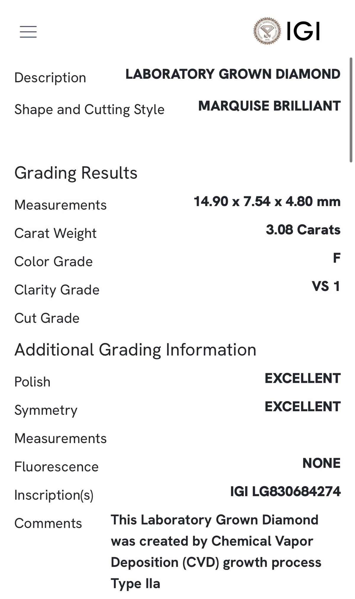 Yellow gold paperclip IGI certified 3.08ct marquise lab diamond bracelet. Marquise measures 14.9x7.54x4.80mm