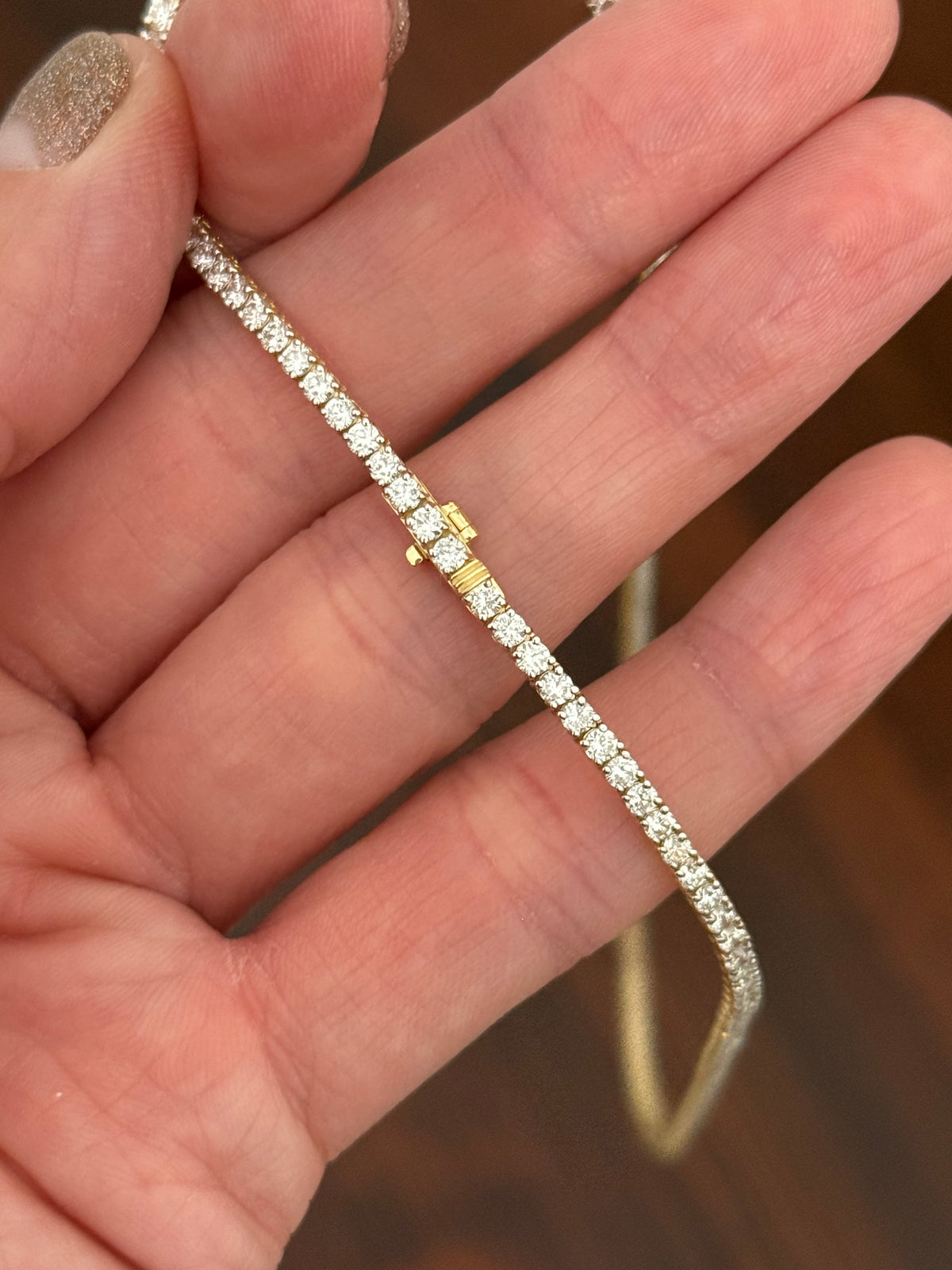 16.9” 4 prong yellow gold with white gold prongs 7.4ct lab diamond tennis necklace