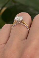 Yellow gold lab diamond ring. Lab diamonds are set in white gold.