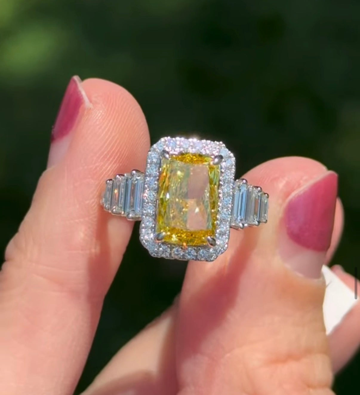 White gold radiant yellow lab diamond and baguette and round lab diamond ring