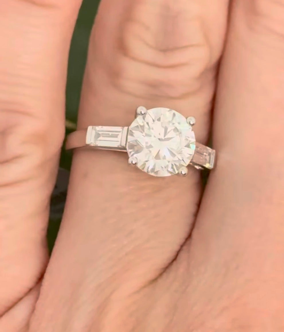White gold round and baguette lab diamond ring