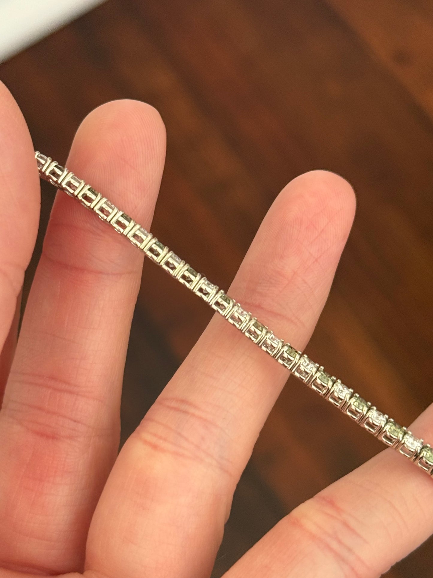 4 prong white gold 5.02ct green and white lab diamond tennis bracelet