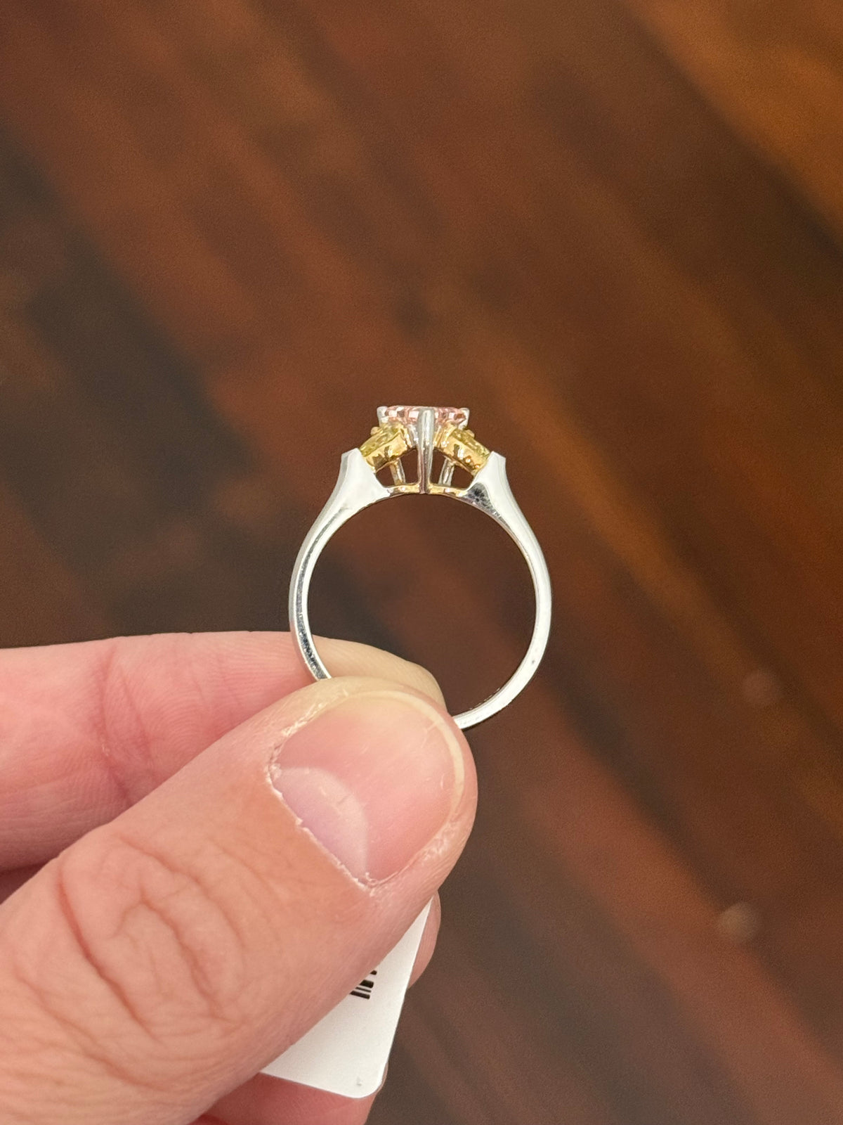 White gold pink and yellow lab diamond ring. Yellow lab diamonds are set in yellow gold.