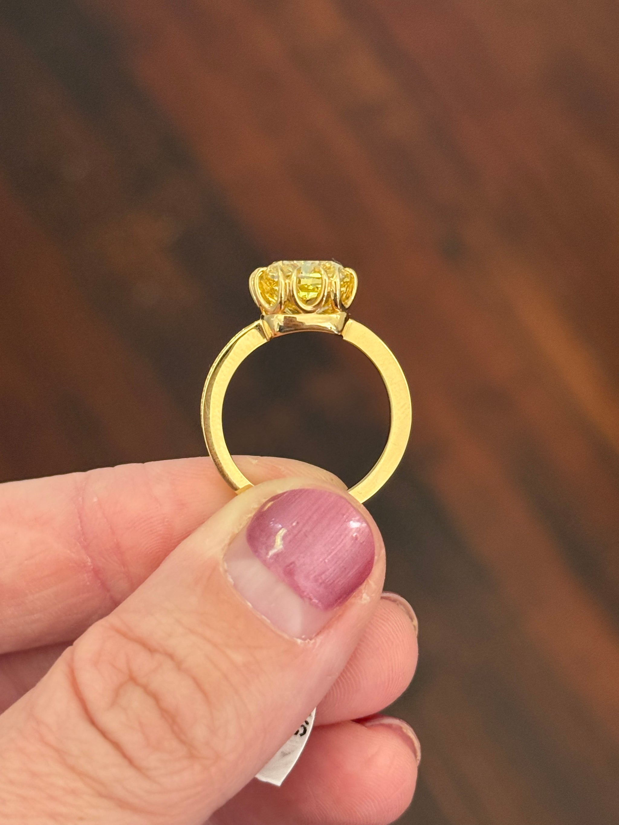 Yellow gold cushion cut yellow lab diamond and white lab diamond ring