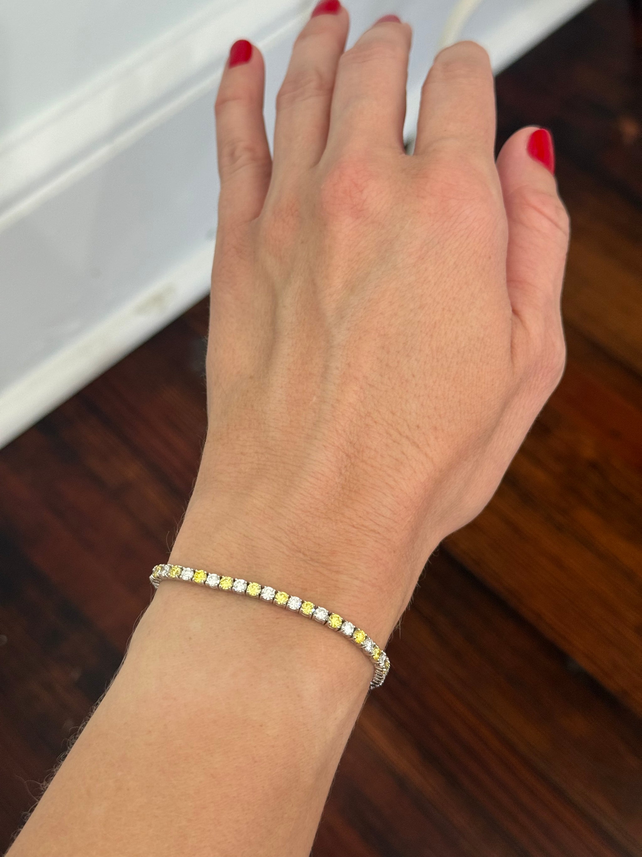 4 prong white gold 5.05ct yellow and white lab diamond tennis bracelet