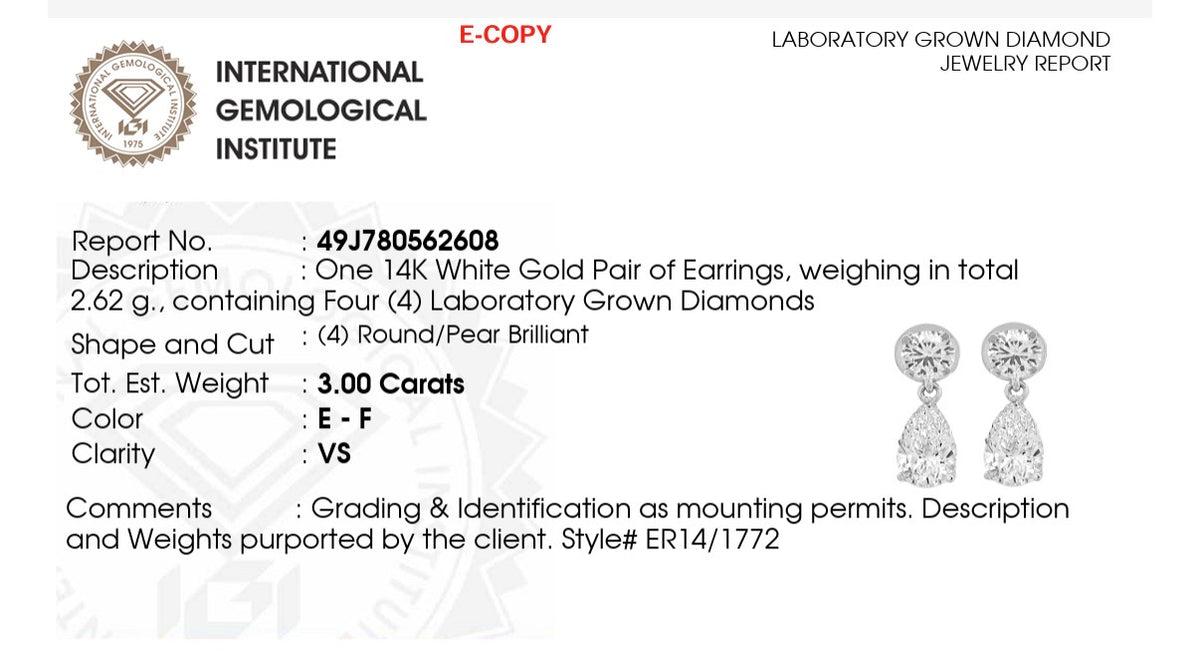 IGI certified 3ct pear and round lab diamond earrings