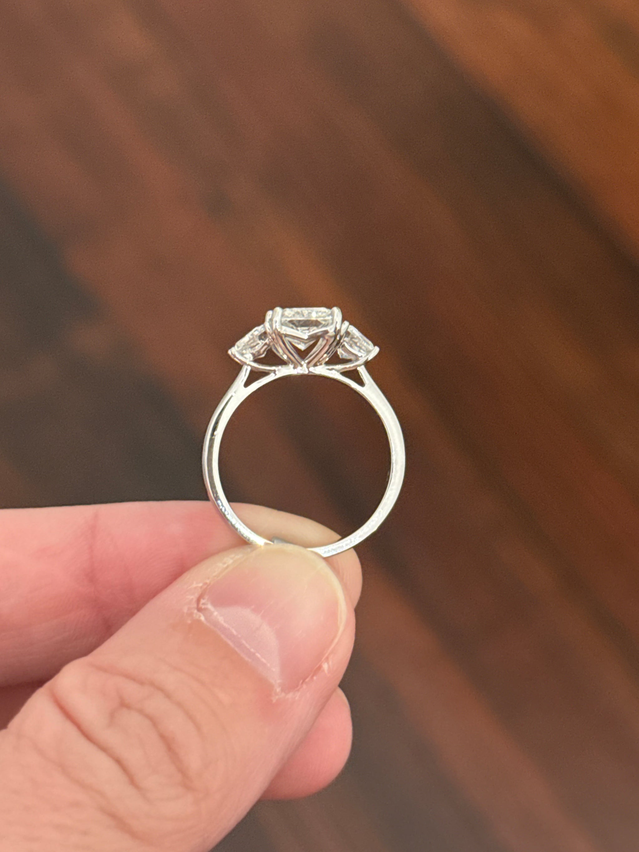 White gold radiant and trapezoid lab diamond ring
