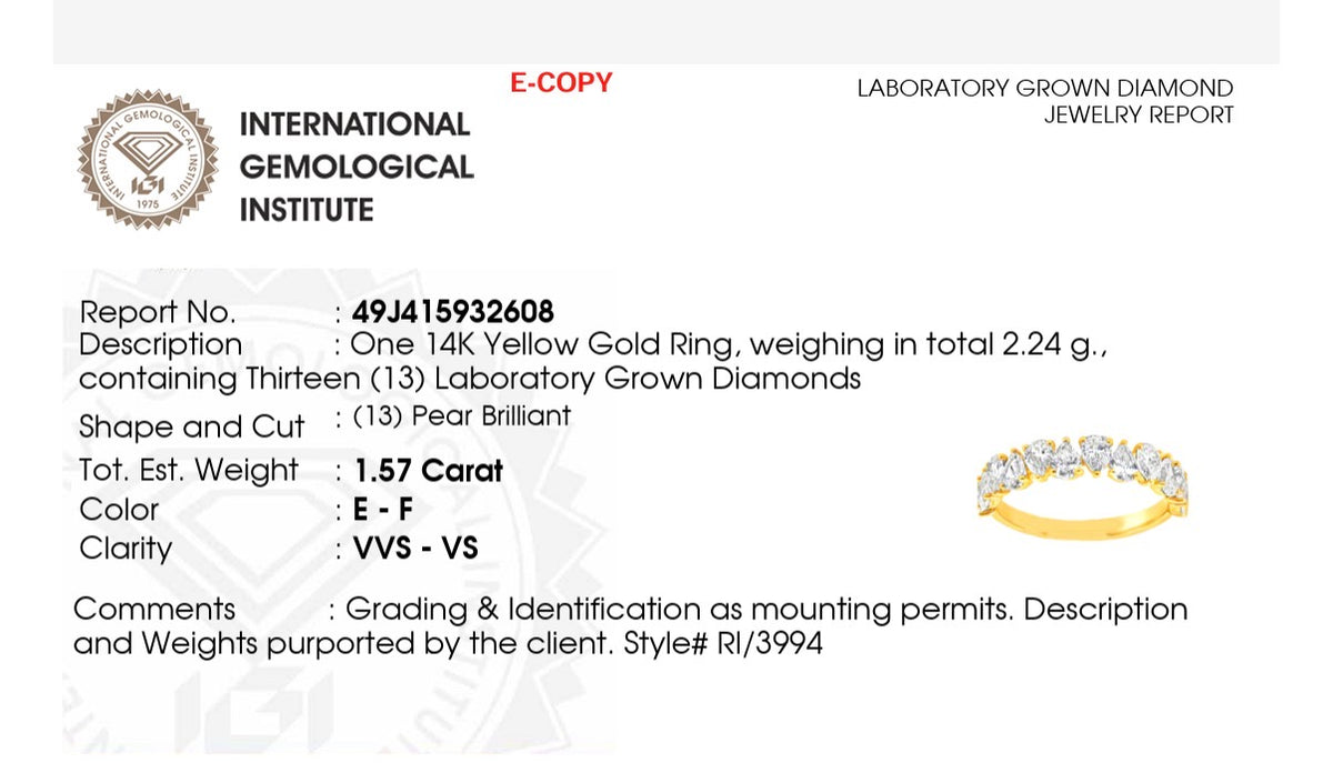 IGI certified 1.57ct pear shaped lab diamond band