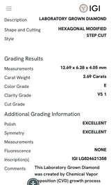 Yellow gold IGI certified 2.69ct step cut duchess cut lab diamond and marquise and round lab diamond ring. Duchess cut measures 12.69x6.28x4.05mm