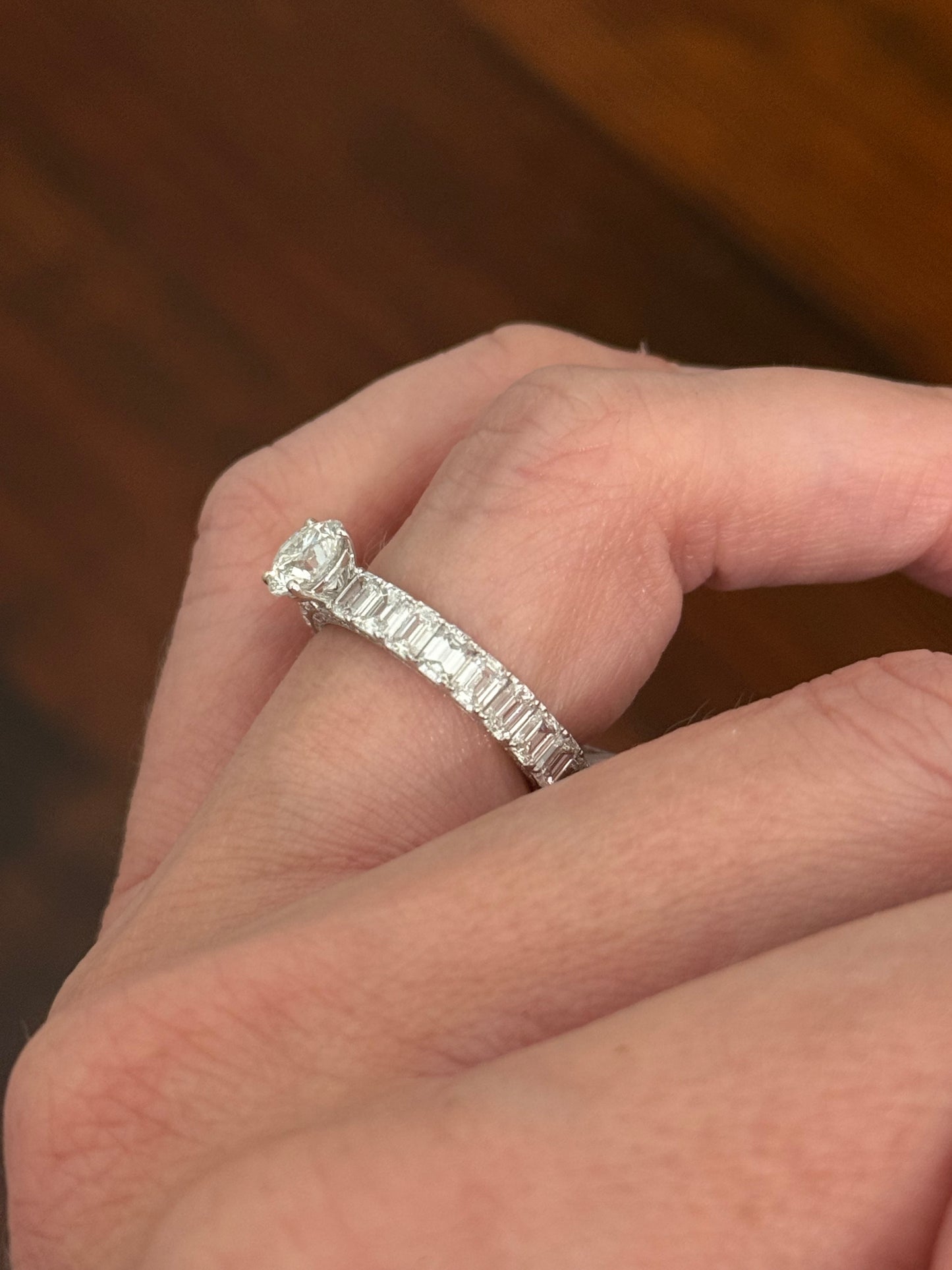 White gold 1.06ct round lab diamond and 4.14ct emerald cut lab diamond eternity ring