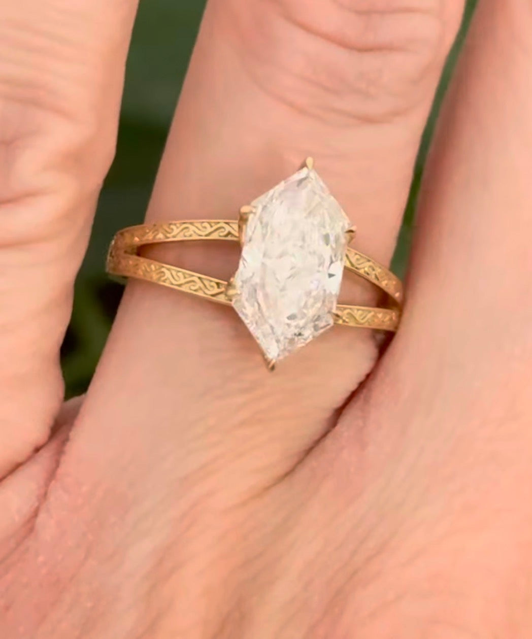 Yellow gold 2.6ct duchess cut lab diamond and round lab diamond ring. Duchess cut measures 13.3x6.59mm