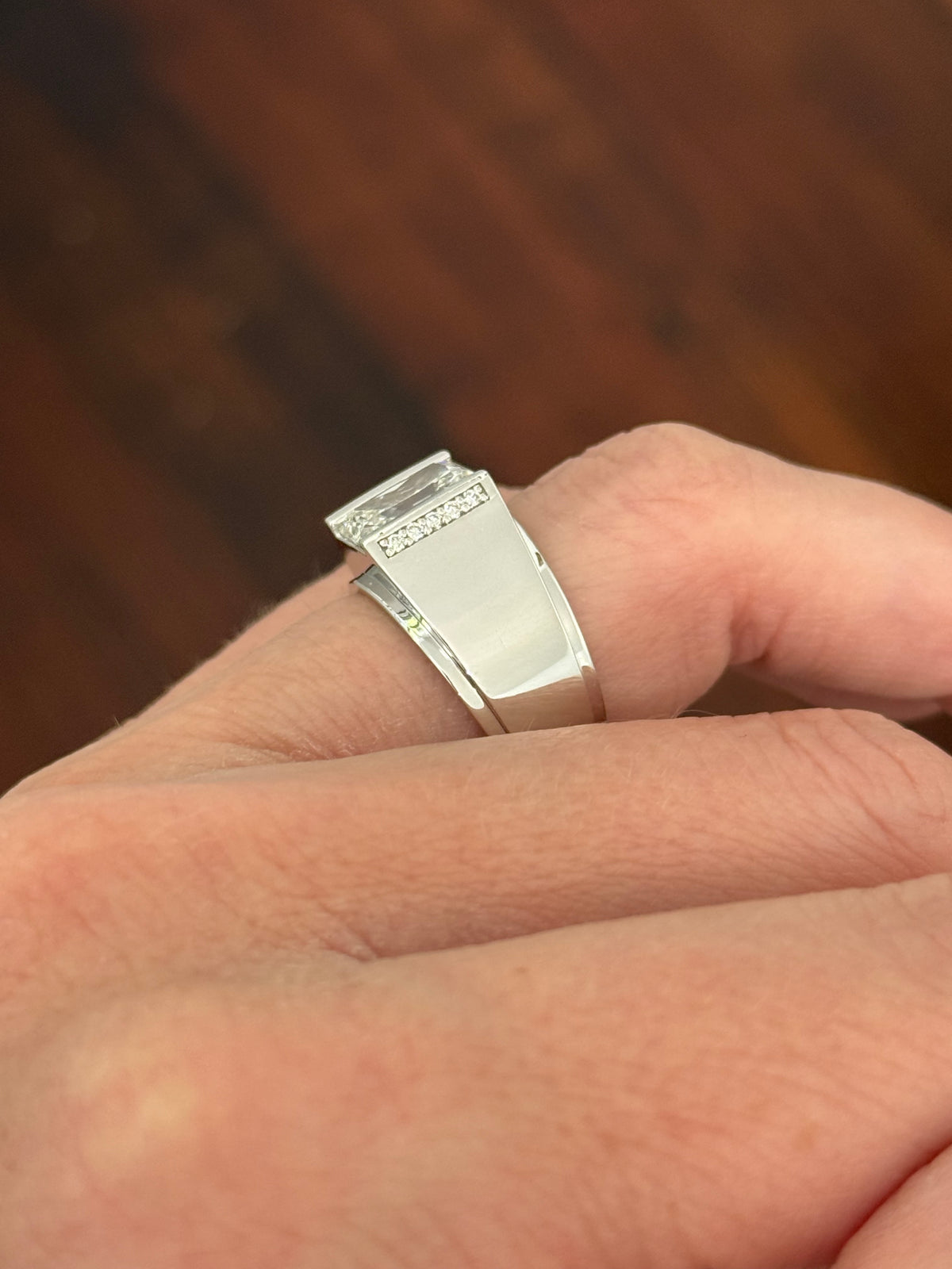 White gold men’s size 7 radiant and round lab diamond ring