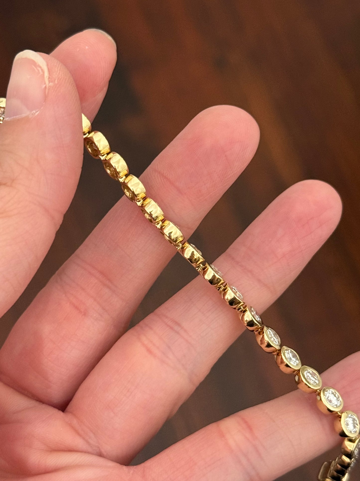Yellow gold bezel set 8.65ct lab diamond tennis bracelet