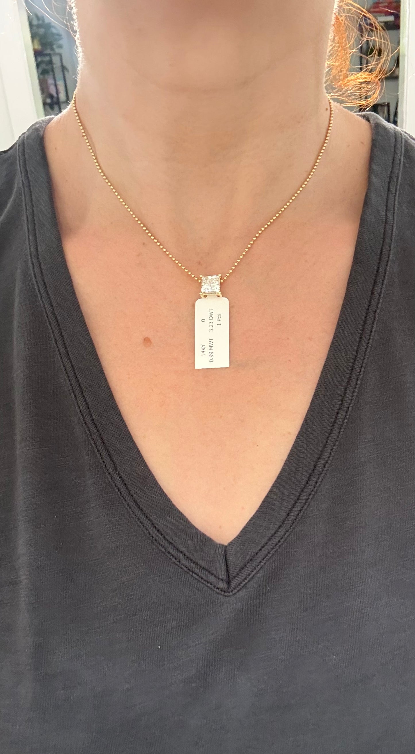 Yellow gold IGI certified 3.23cts princess cut lab diamond pendant.