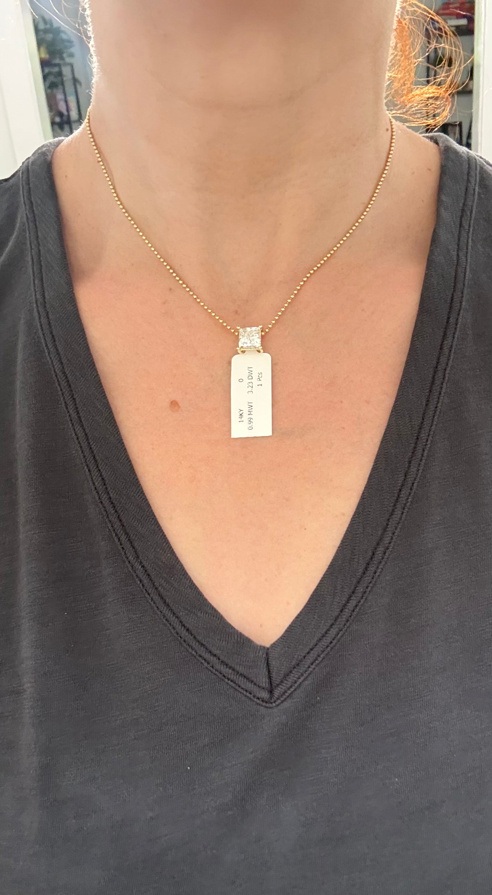 Yellow gold IGI certified 3.23cts princess cut lab diamond pendant.