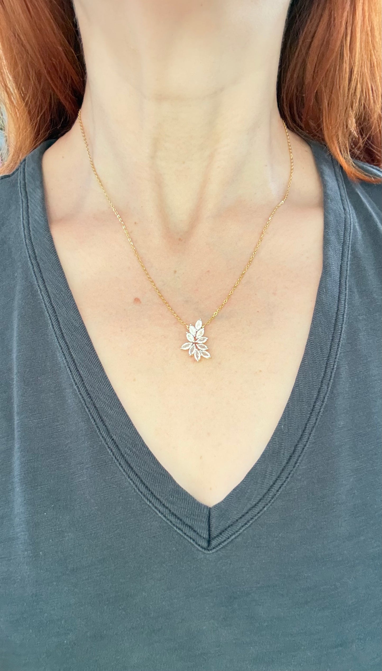 Yellow gold with white gold prongs rose cut marquise lab diamond necklace