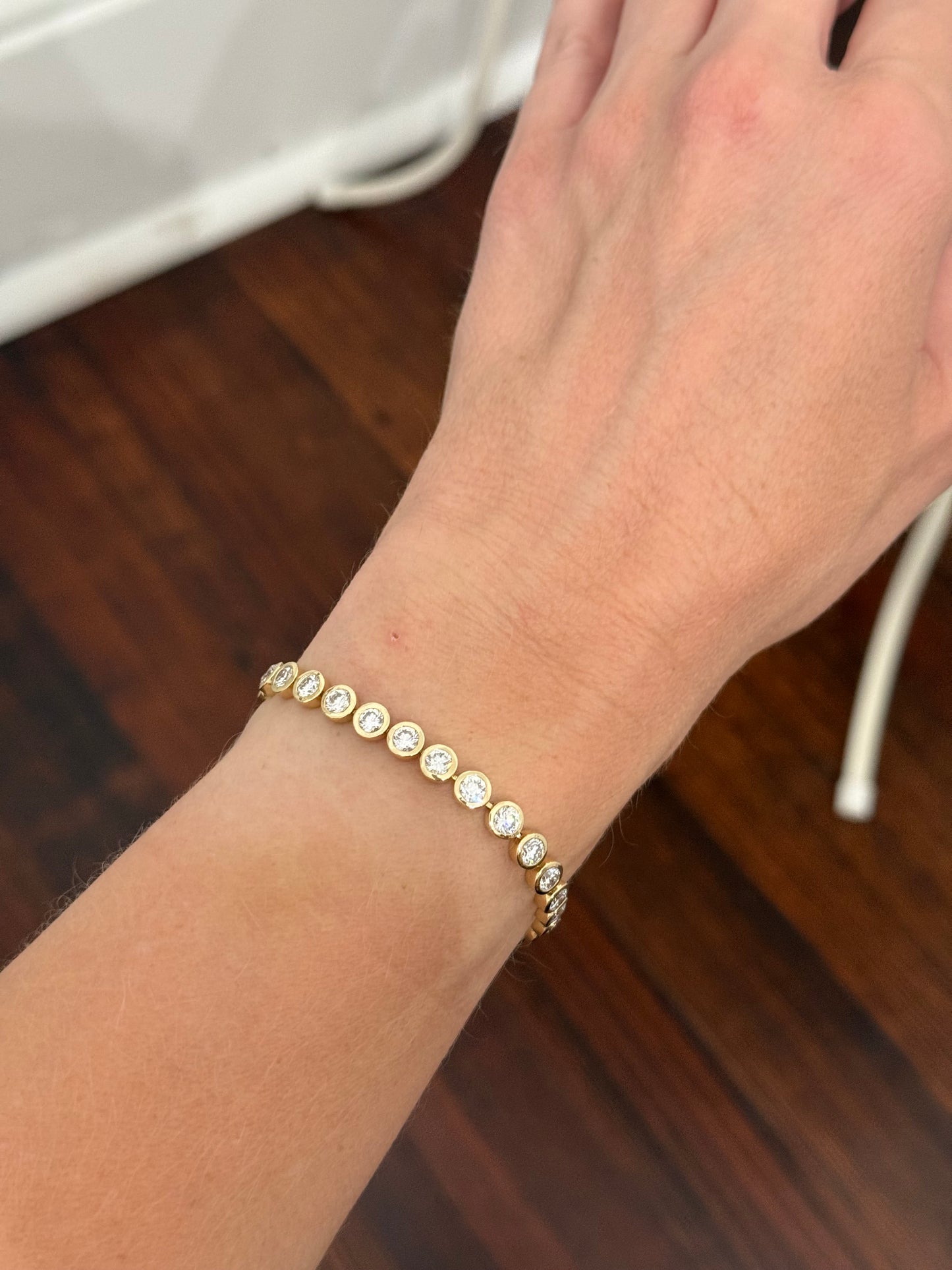 Yellow gold bezel set 8.65ct lab diamond tennis bracelet