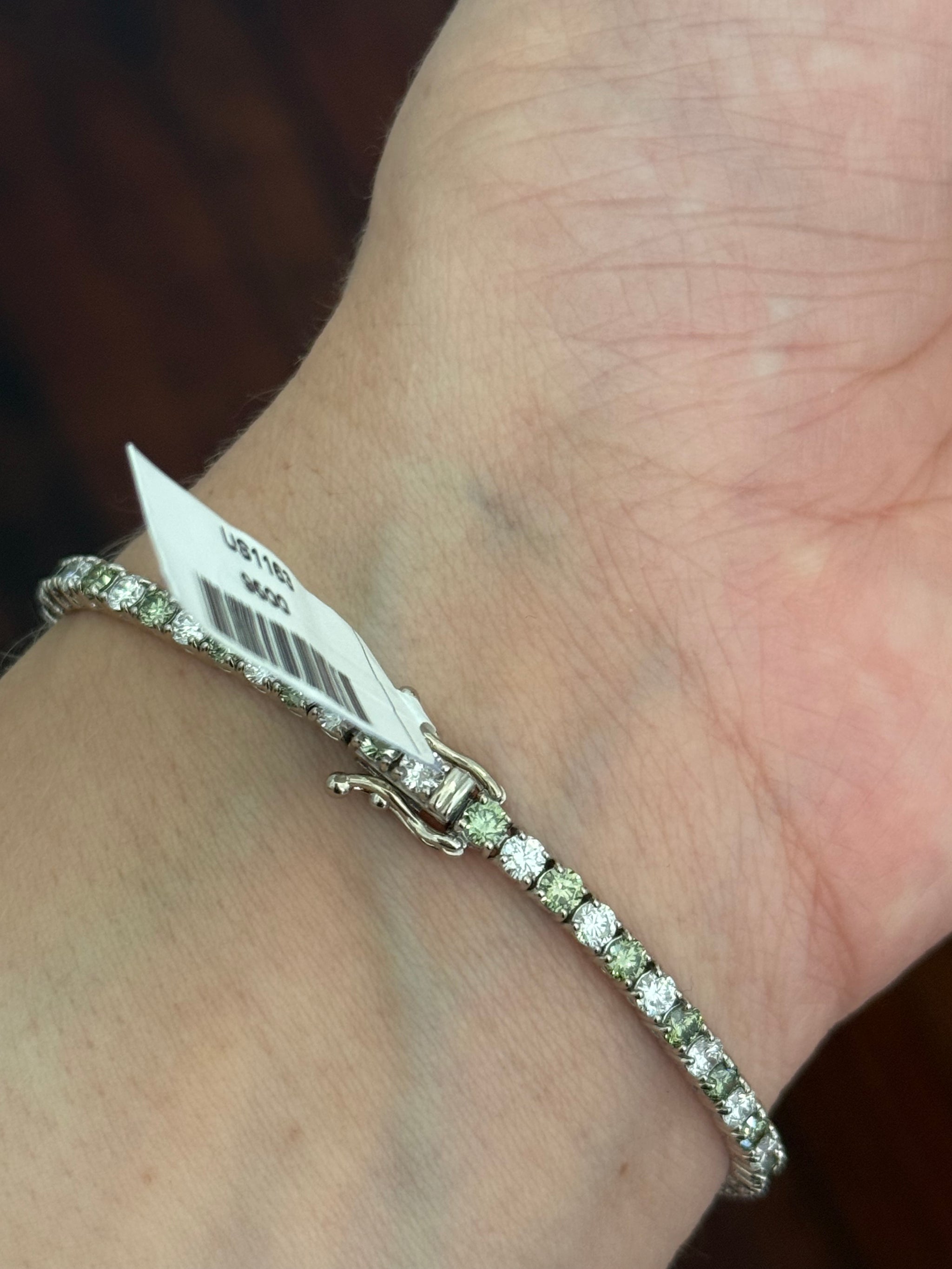 4 prong white gold 5.02ct green and white lab diamond tennis bracelet
