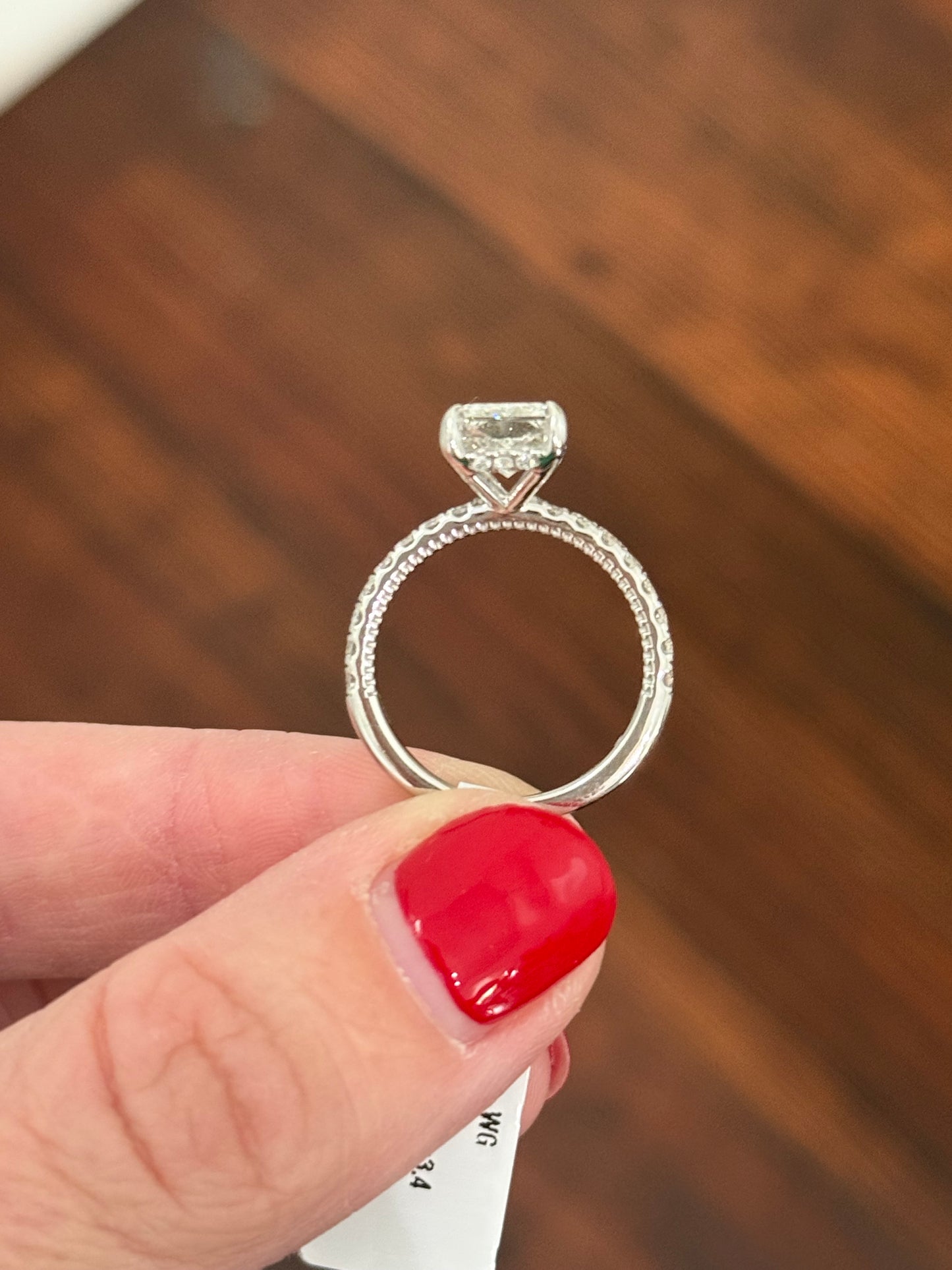 White gold radiant lab diamond ring. Center stone is IGI certified and 3.0cts E VVS2