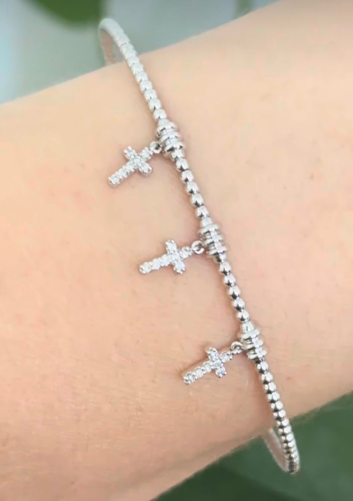 White gold natural diamond dangling cross flex bracelet