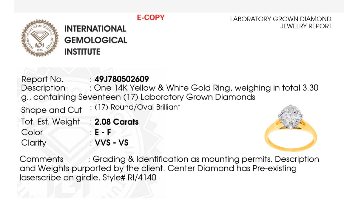 IGI certified oval lab diamond ring. Center stone is 1.99cts