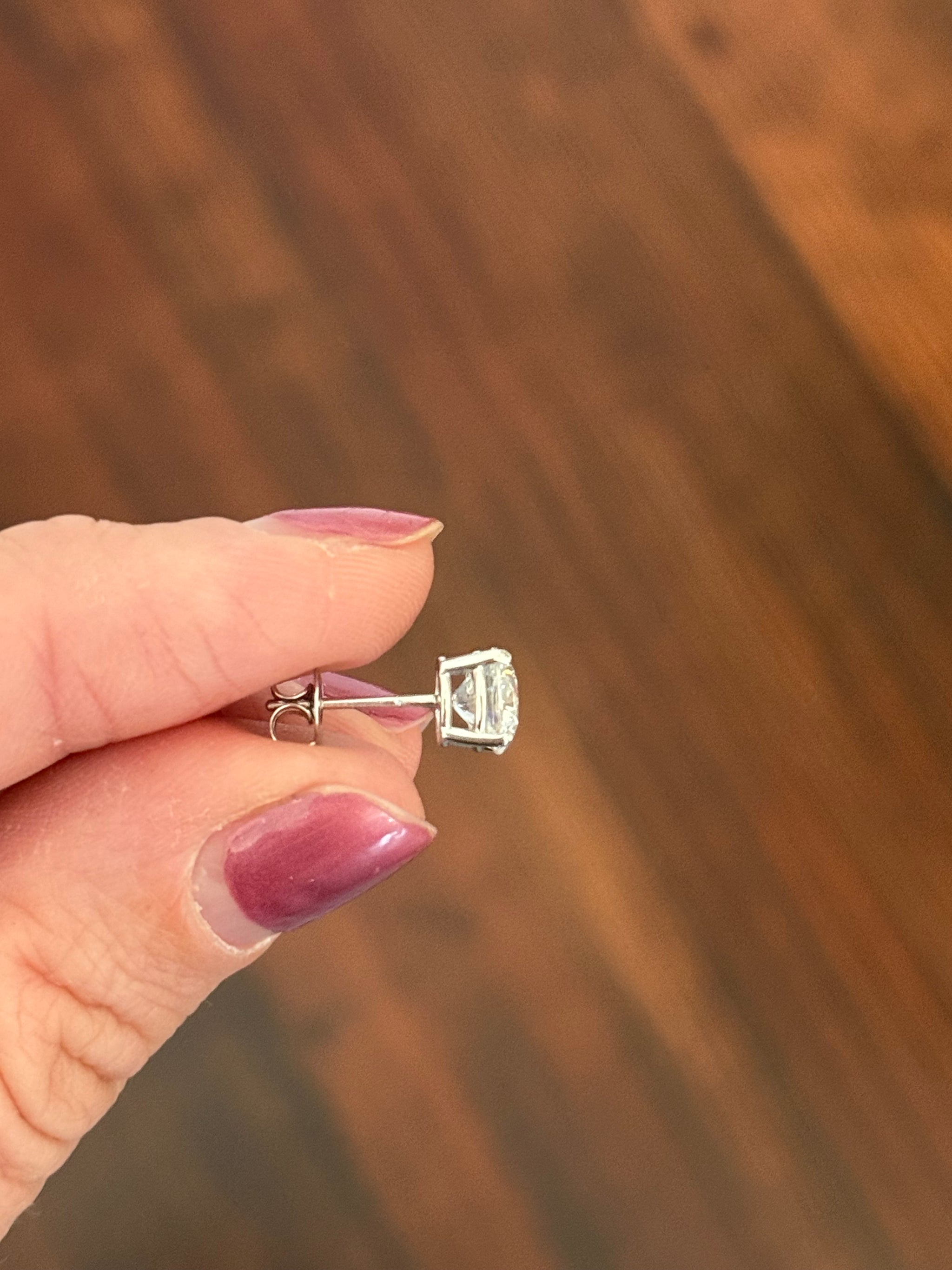 4 prong white gold basket setting TW 2.5cts lab diamond stud earrings with push backs. Includes IGI Jewelry Report.