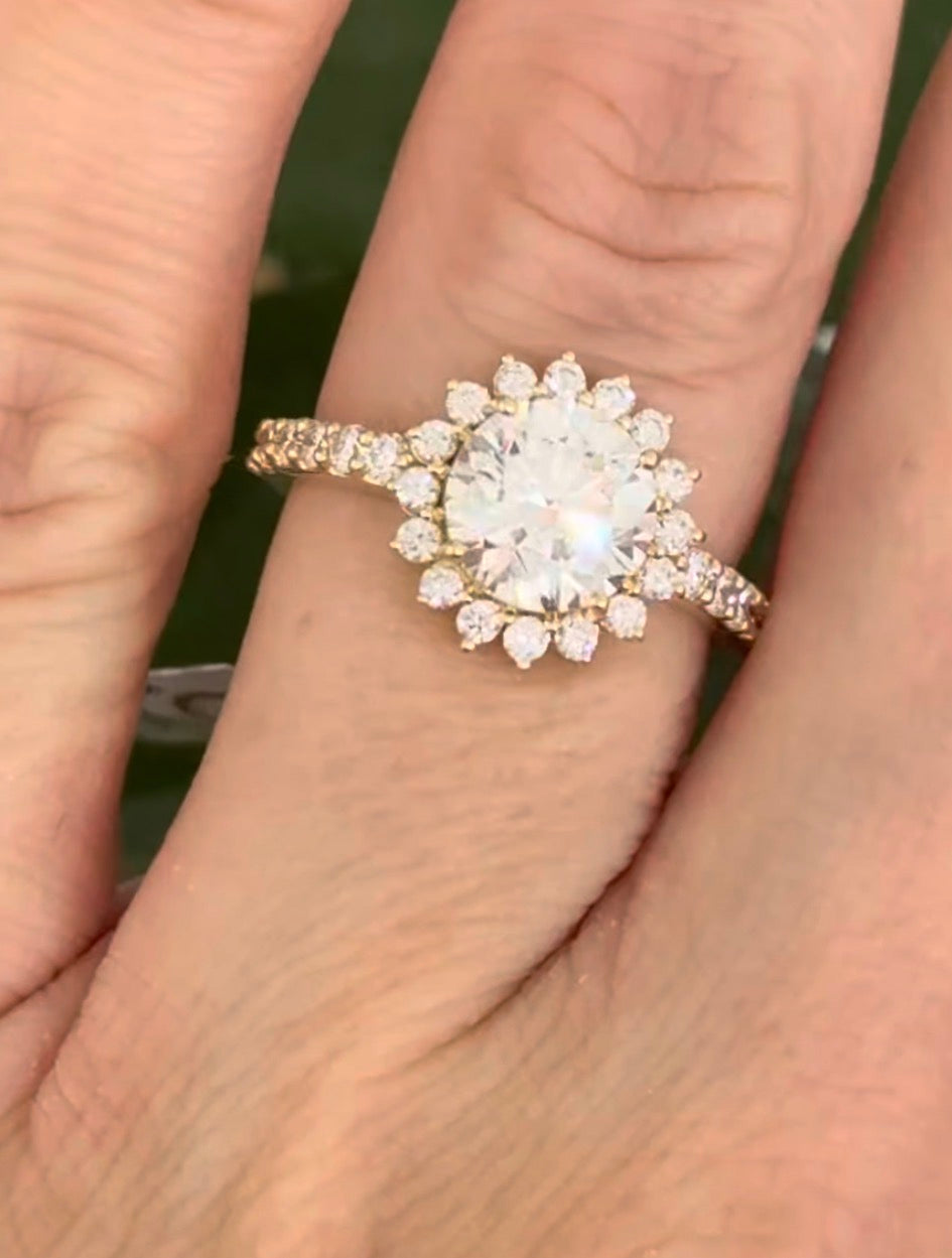 IGI certified yellow gold round lab diamond ring. Center stone is 1.85cts and 7.4mm