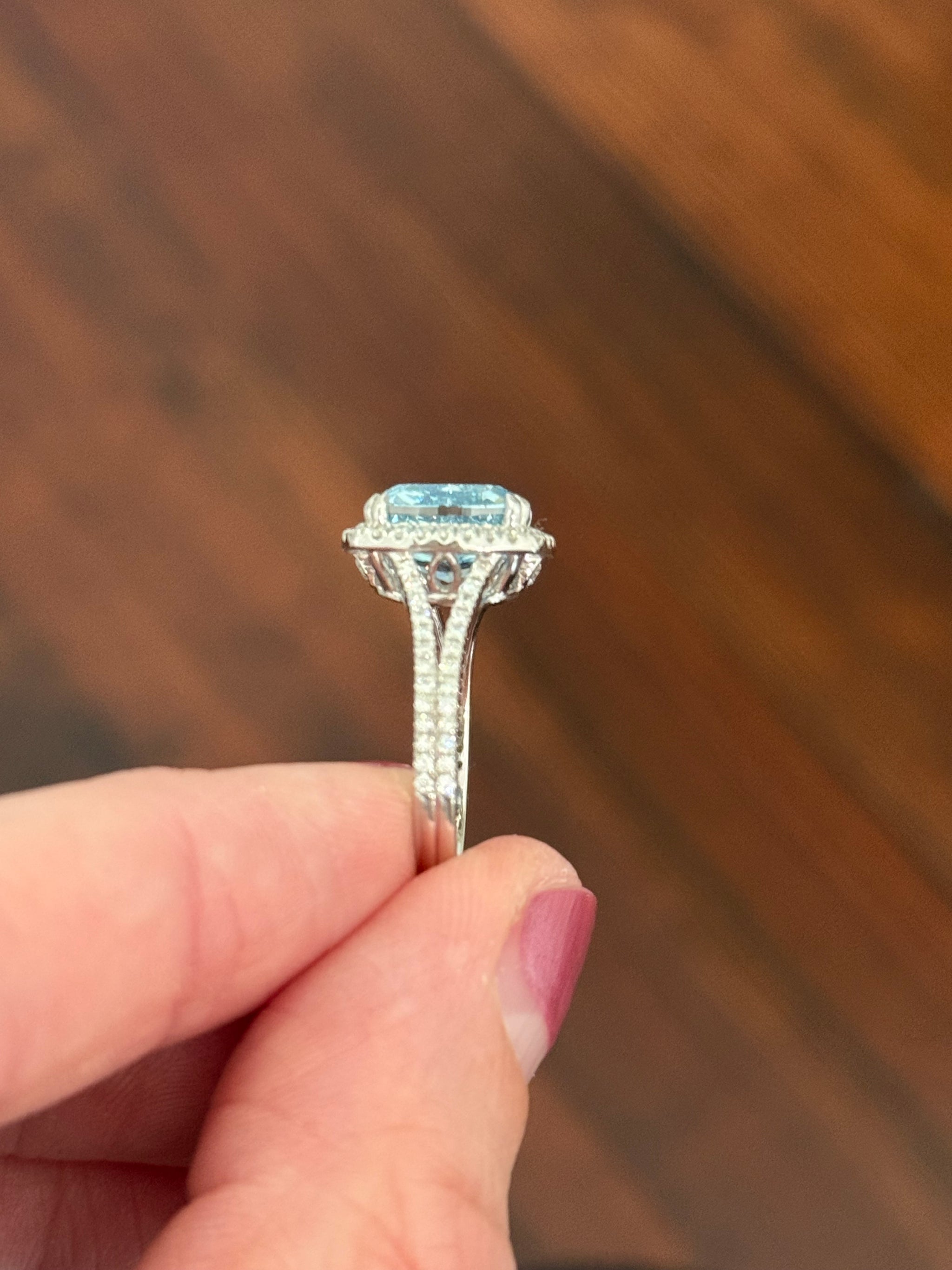 White gold cushion cut blue lab diamond and white lab diamond ring