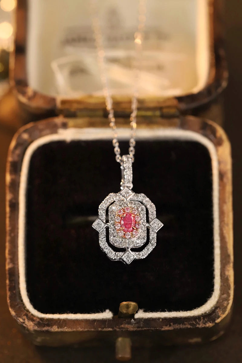18K White Gold Real Natural Pink Diamond Pendant Necklace for Women