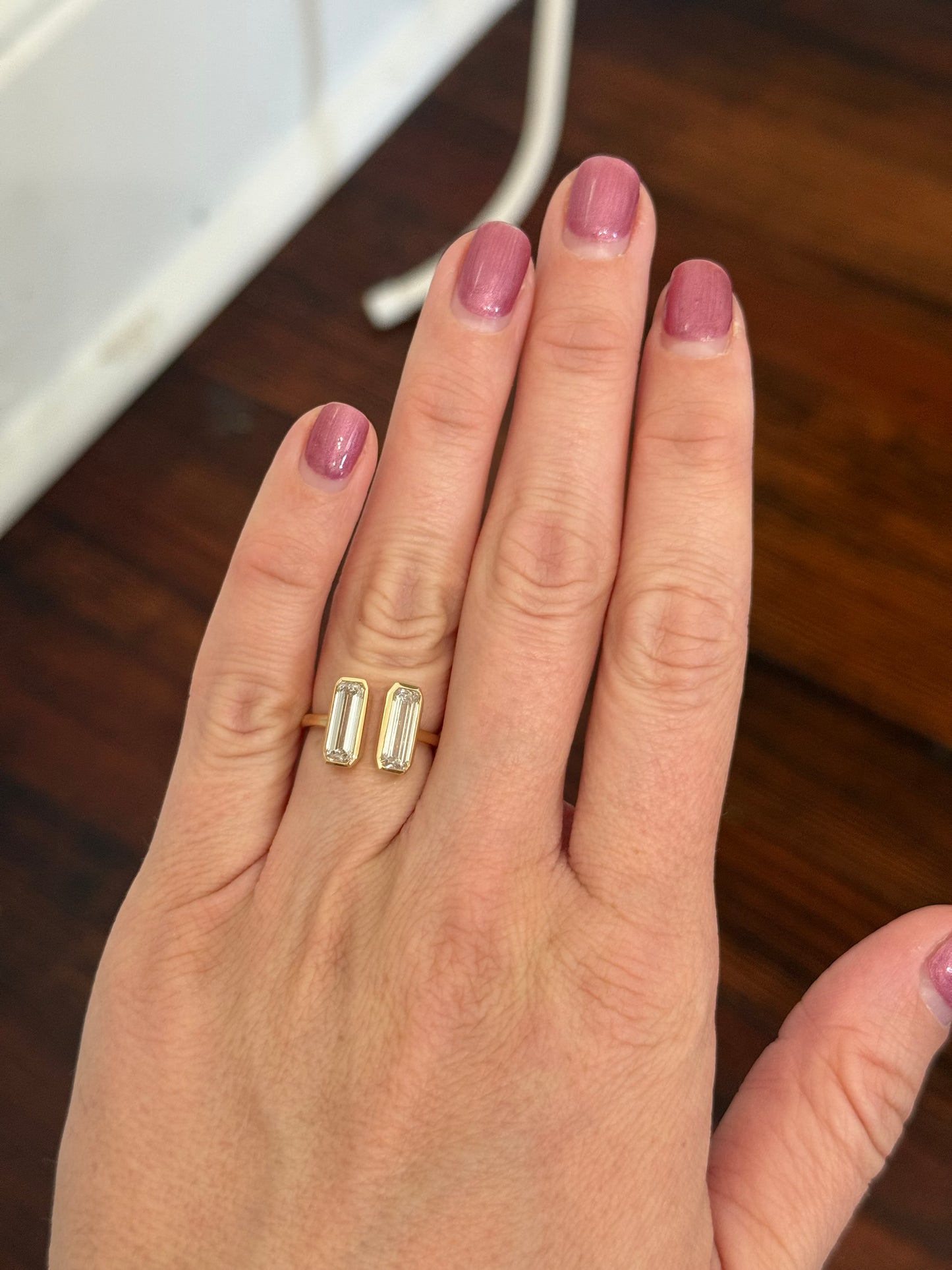 Yellow gold bezel set baguette lab diamond ring