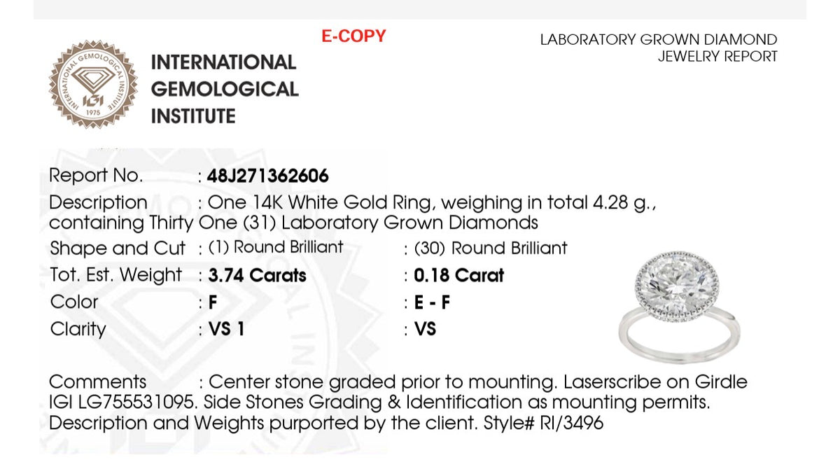 IGI certified lab diamond ring. Center stone is 3.74cts